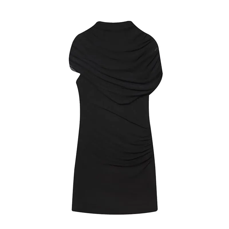 Elegant Mesh Shawl Short Dress Women Pleated Half High Collar Sleeveless Female Dresses 2026 Spring Lady Chic Party Gowns New