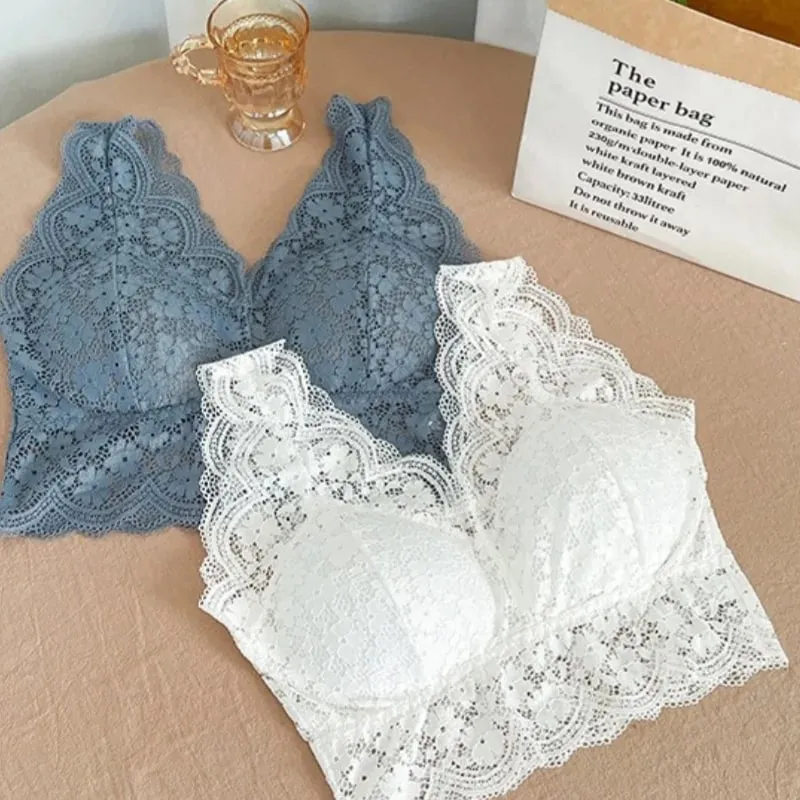 Reggiseno in pizzo Top con scollo a V profondo Bralette Reggiseno corto in pizzo da donna Lingerie sexy Reggiseno a canotta corto imbottito senza fili