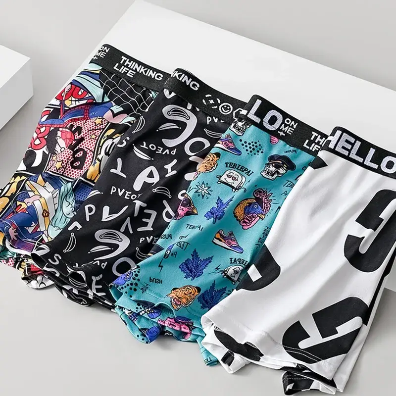 4-Piece Set! Men's Underwear! Breathable Male Trend Boxer Shorts Male Youth Print Trend Shorts