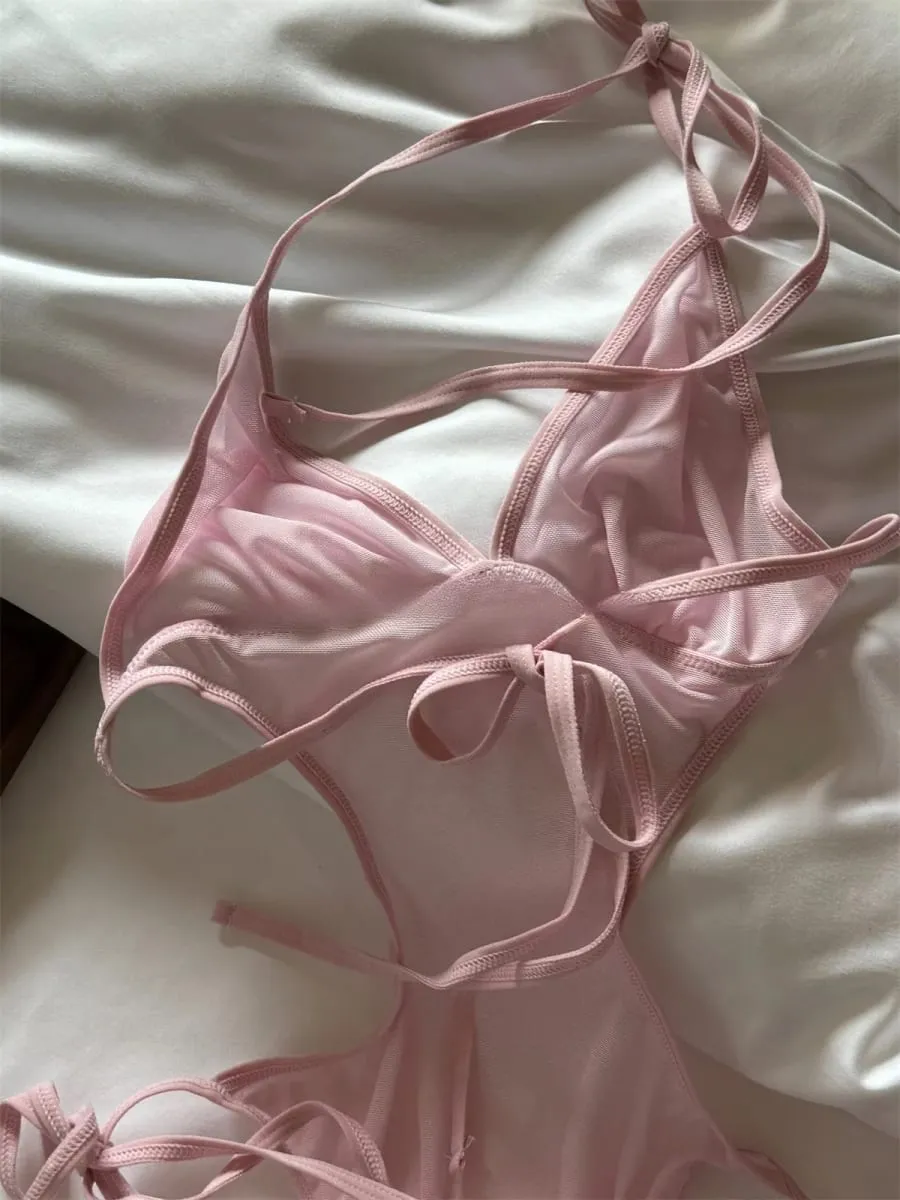 Sexy one-piece halter lingerie hanging neck pink breathable thin bodysuit women bra large size underwear