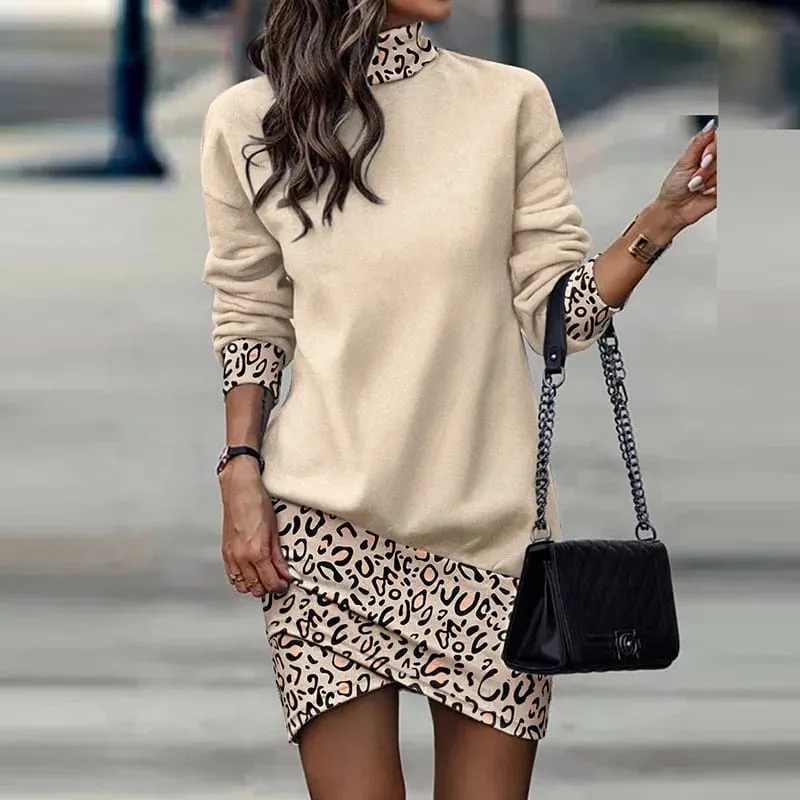 Women Striped Patchwork High Neck Sweatshirt Dress Long Sleeve Irregular Hem Casual Loose Mini Dress — image 5