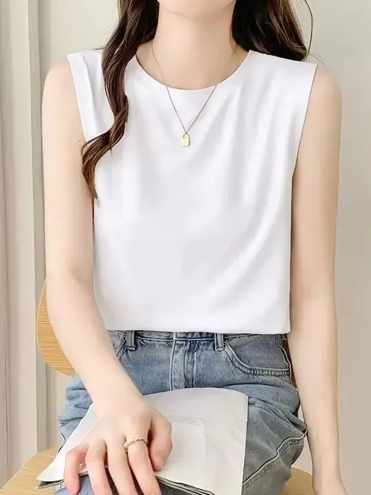 Simple Cotton Sleeveless Tank Top for Women—Classic Loose-Fitting Casual Base Layer Summer Round-Neck Base Layer T-Shirt Brea