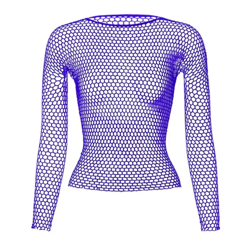Sexy Hollow Out Mesh T-Shirt Female Skinny Crop Top Fashion Summer Basic Tops for Women Fishnet Shirt