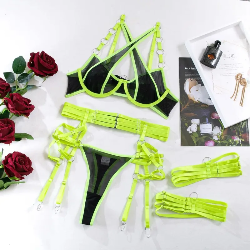 Neon Green Cross Strap Lingerie Set Underwire Bra Garter Belt Thong Leg Garters Women Erotic 4 Piece Nightwear Intimates