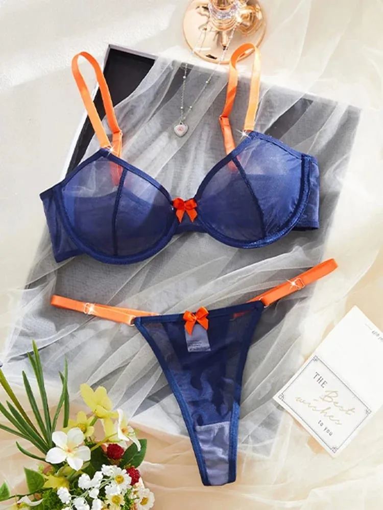 Kadın İç Giyim Lacivert Şeffaf Örgü İç Giyim Çelik Yüzükler Sütyen Turuncu Yay Thongs 2 Adet Seksi İç Giyim Kontrast Renk Intimates