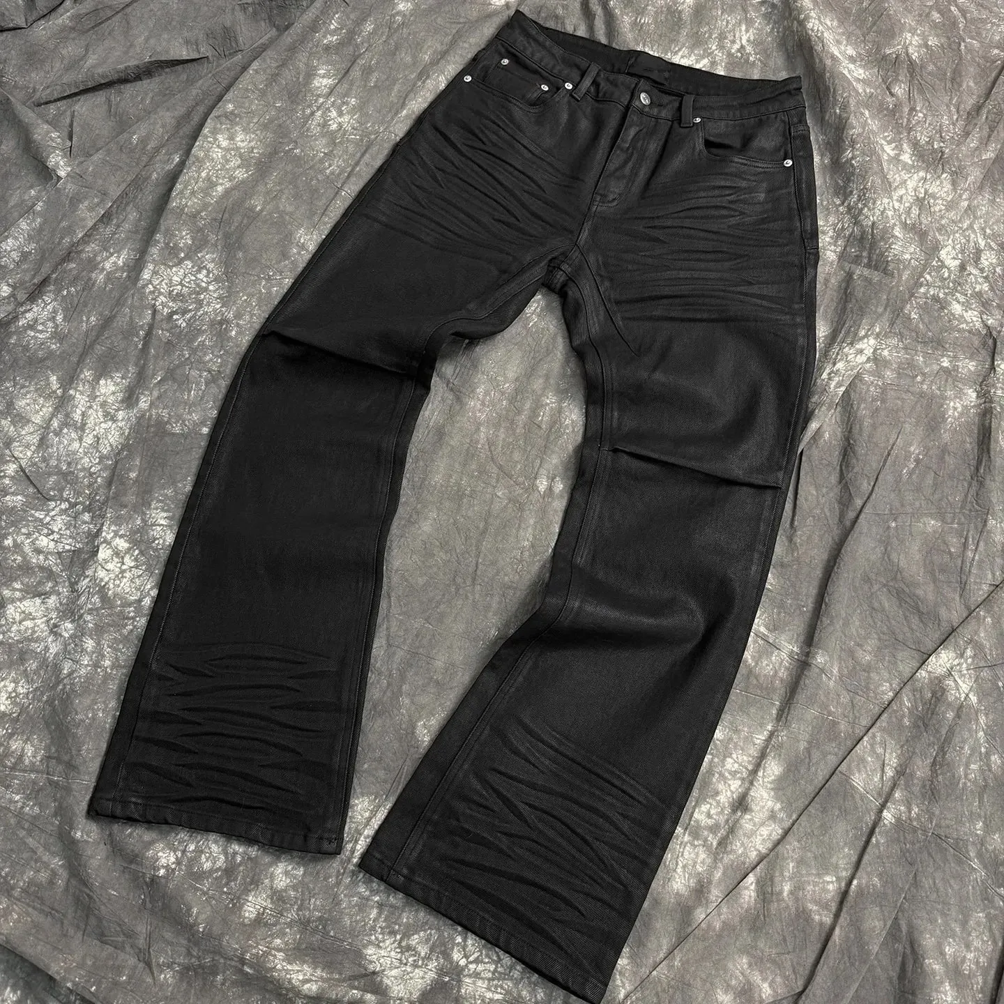 Coated micro-flare jeans American retro heavy industry high street men's and women's black gothic retro casual loose jeans