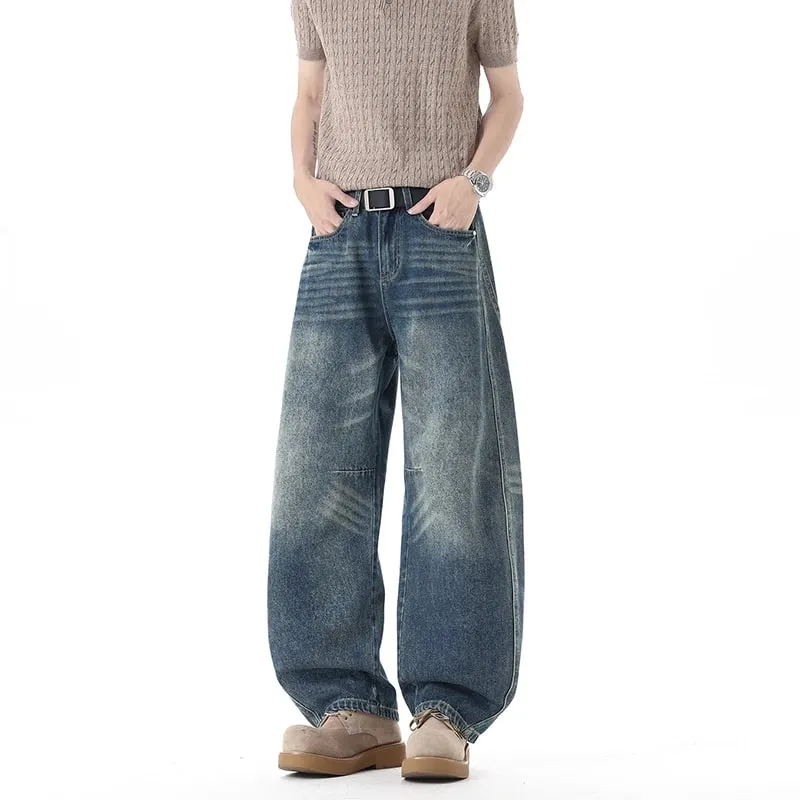 Men 2026 New American Curved Cut Jeans Fall Winter High Street Washed Whiskering Wide Leg Vintage Loose Denim Trousers
