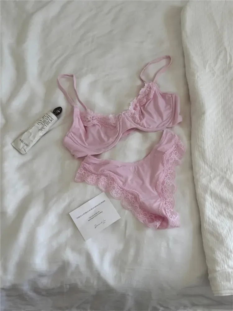 Pink Unlined Full Cup Bra Set Underwire Lace Trim Lift Comfortable Minimalist Seamless Skin-friendly Everyday Bras and Panty