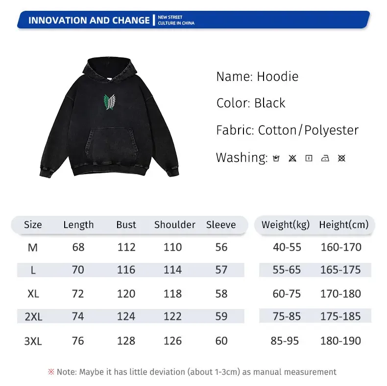 Anime Levi Hoodies Vintage Washed A-Attack on Titan Hoodie Casual Manga Yeager Eren Kapuzenpullover Titan Attack Pullover