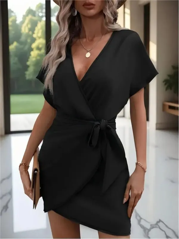 Black V-neck Wrap Around Tie up Short Sleeve Skirt Slim Fit Waist Cinching Irregular Hem Hip Hugging Short Skirt