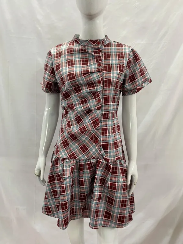 Women's Vintage Plaid A-Line Dress Short Sleeve Stand Collar Button down Pleated Mini Dress Casual Elegant Fashion