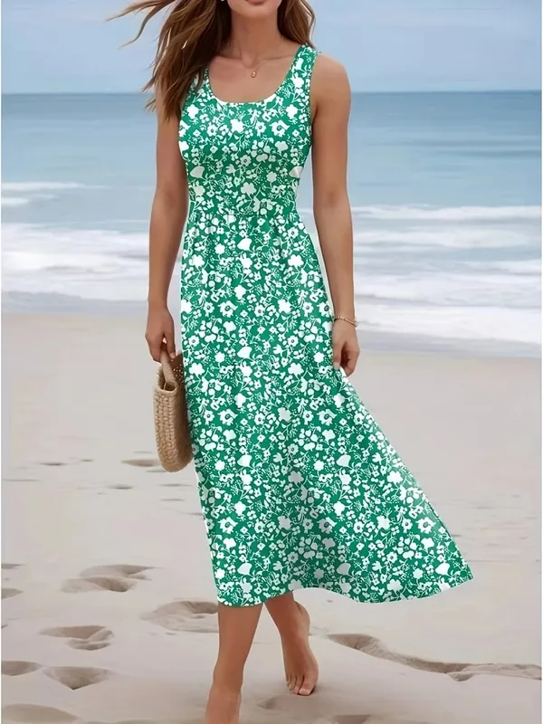 Women Summer Sleeveless Floral Midi Dress U Neck Casual Beach Sundress Boho Print Flowy Long Dress Holiday Vacation Ladies Vest