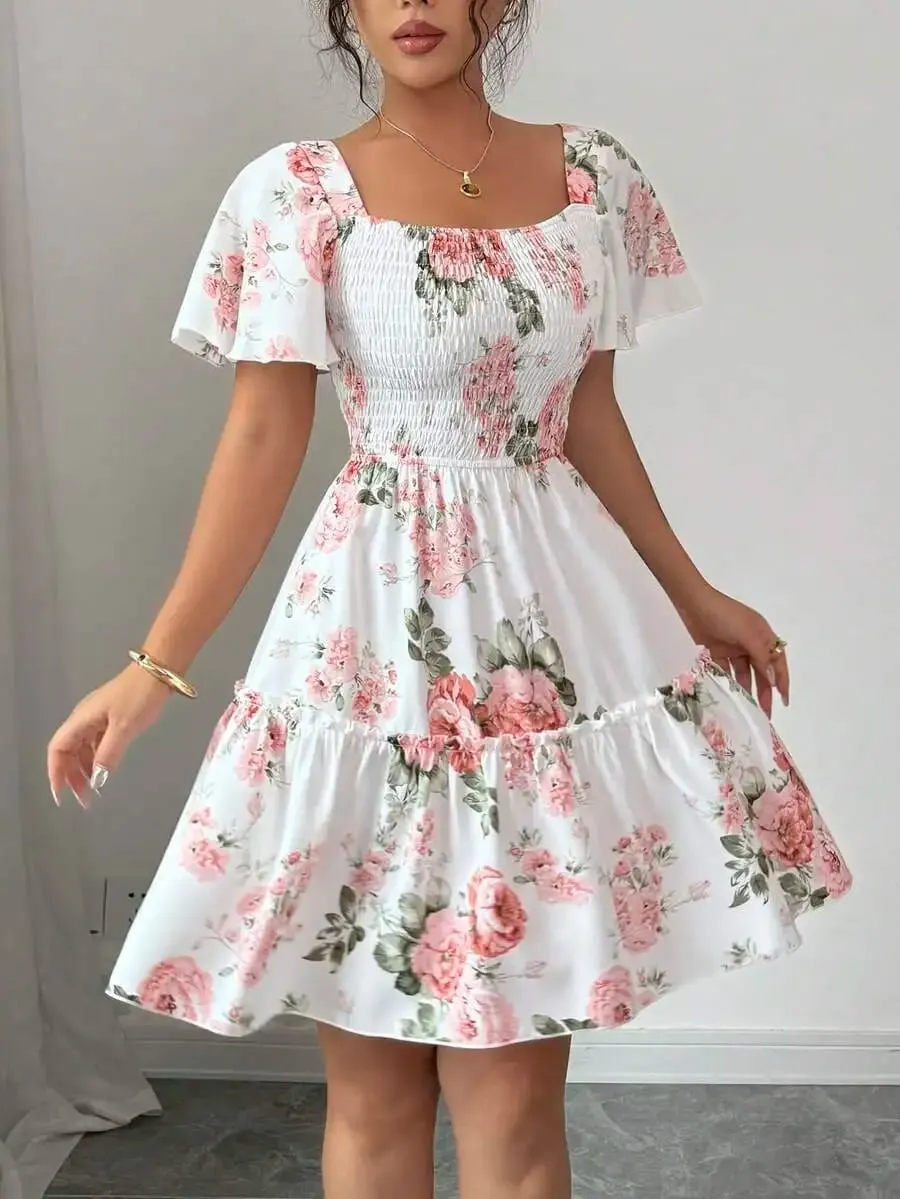 Women Floral Print Sashes Ruffle Hem Short Sleeve Casual Dress Vacation Style Women's Evening Dresses
