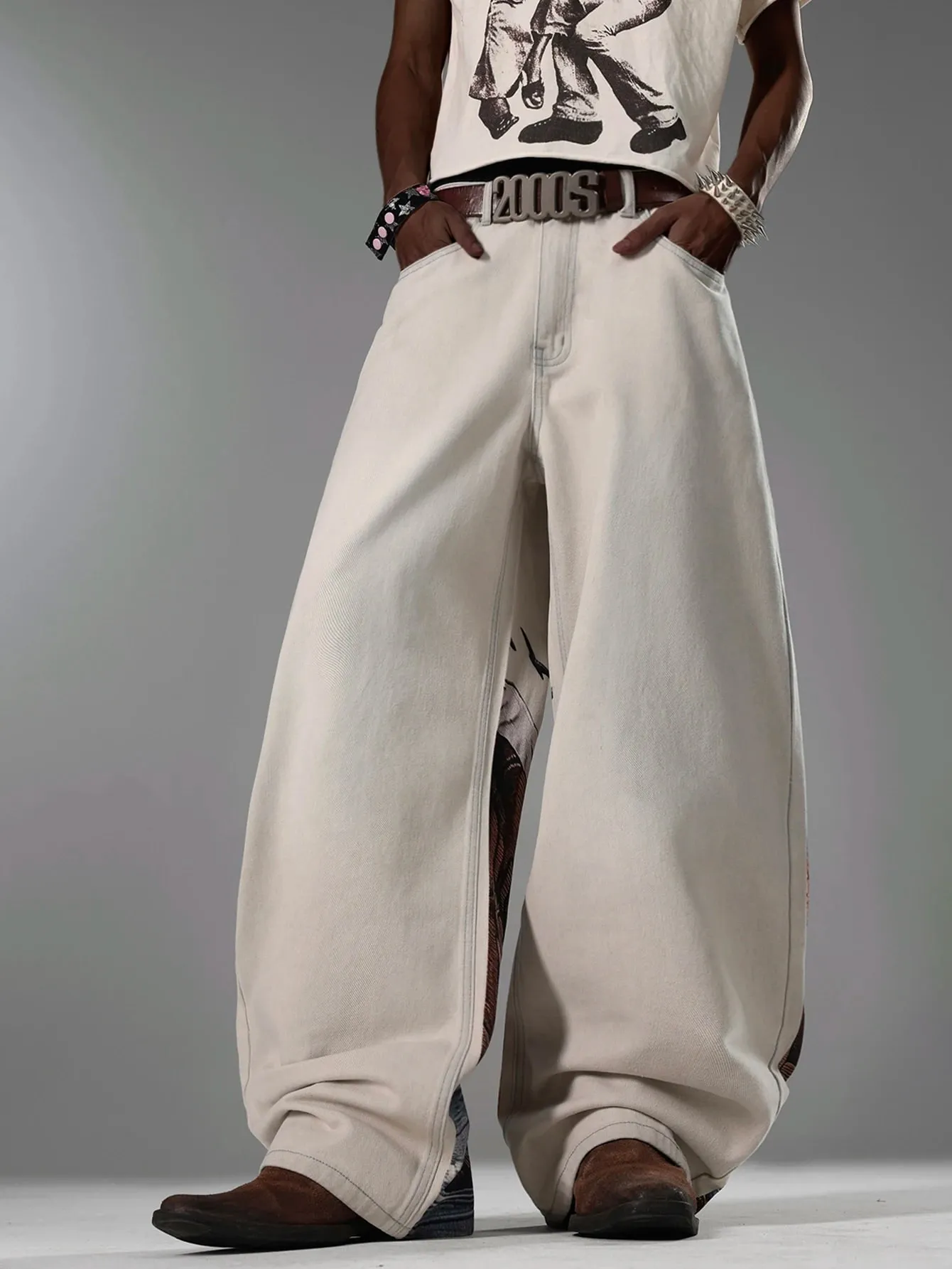 American Retro Art Natural Print Light Gray Baggy Jeans Man y2k Street Trend Fashion Versatile Straight-Leg Wide Pants