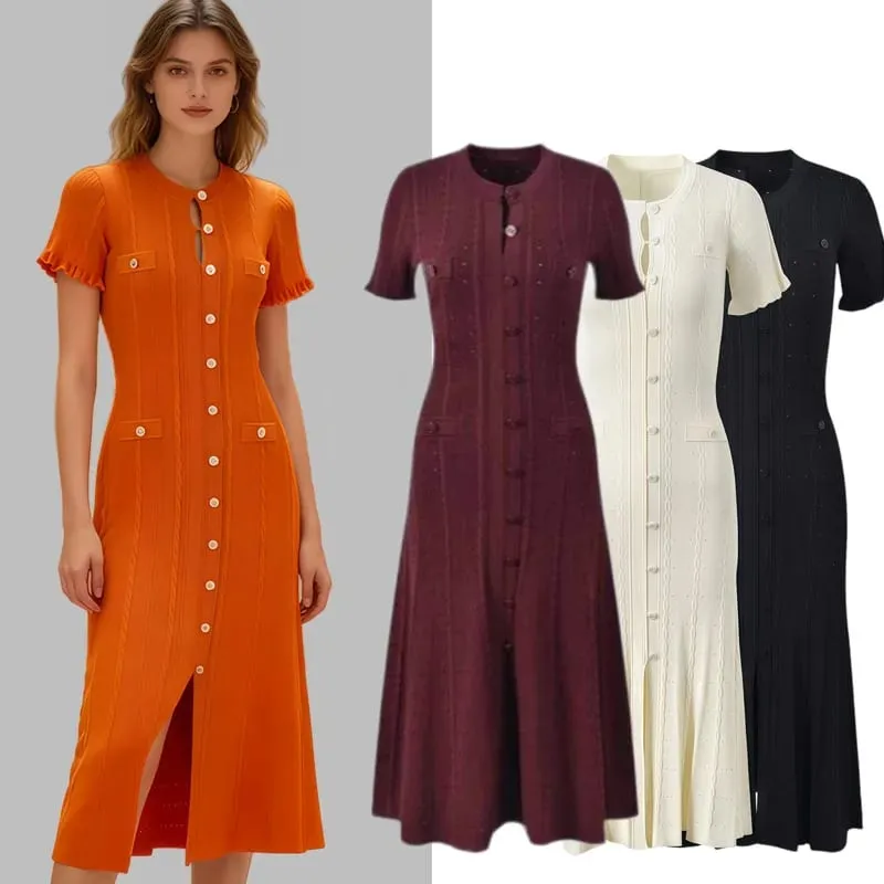 Elegant Knitted Dress round Neck Short Sleeve Hollow out Long Dress Ribbed Single Button Knitted Dress Fashionable Commute Style