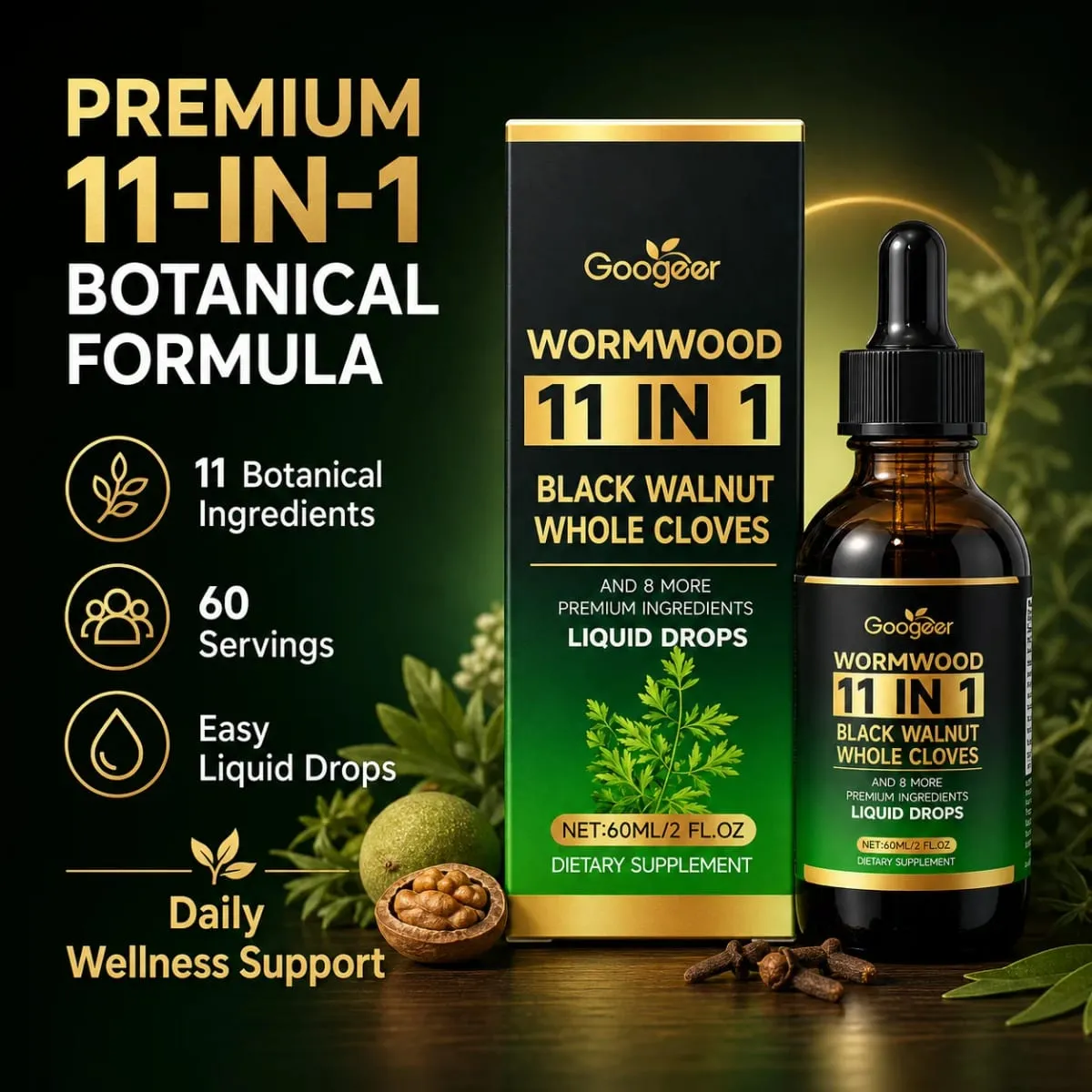 Wormwood 11 in 1 Liquid Drops - Black Walnut & Whole Cloves with Berberine Turmeric for Gut Health & Digestive Support 60ml — image 2