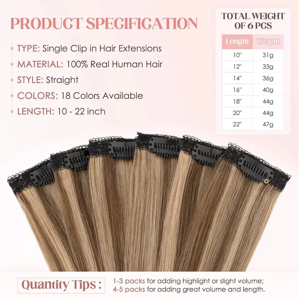 6 Pcs Clip In Human Hair Extensions Single Clip Ins Short Hair Extensions Seamless Straight Highlight Hairpieces for Women