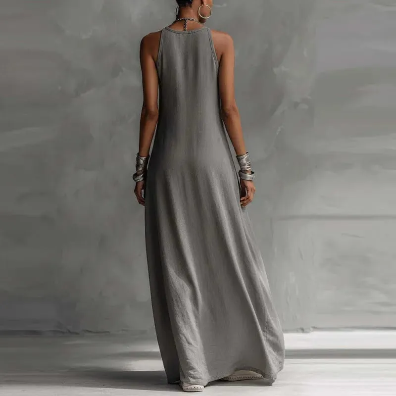 Casual Sleeveless Summer Boho Vacation Maxi Dress Woman Sexy O Neck Contrast Color Long Dress Spring Pocket A-Line Party Dresses