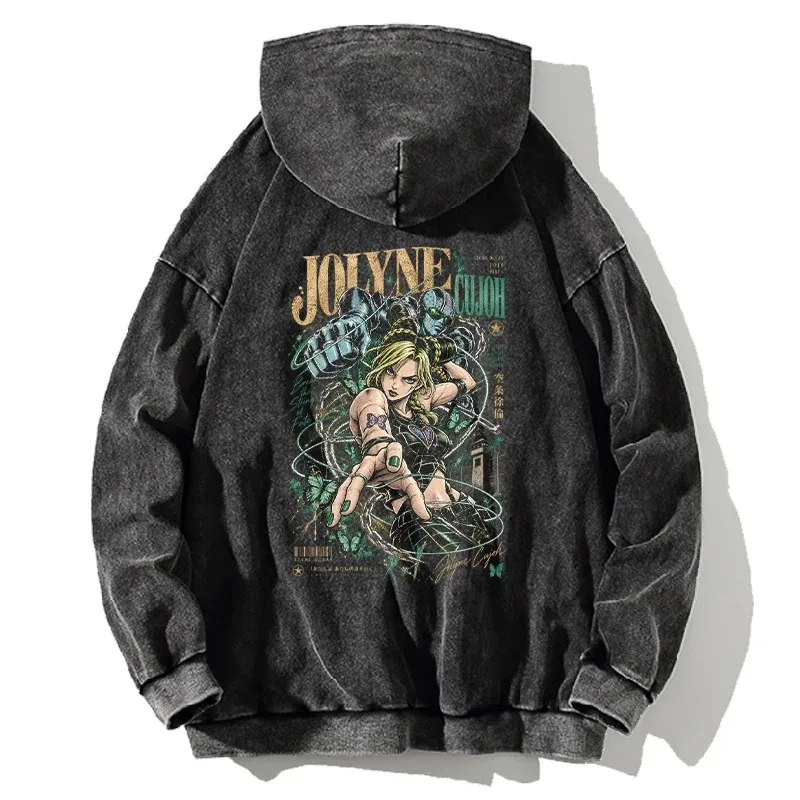 Jolyne Cujoh JoJo's Bizarre Adventure Hoodies Manga Vintage Washed Streetwear Men Long Sleeves Oversized 100% Cotton Hooded Tops