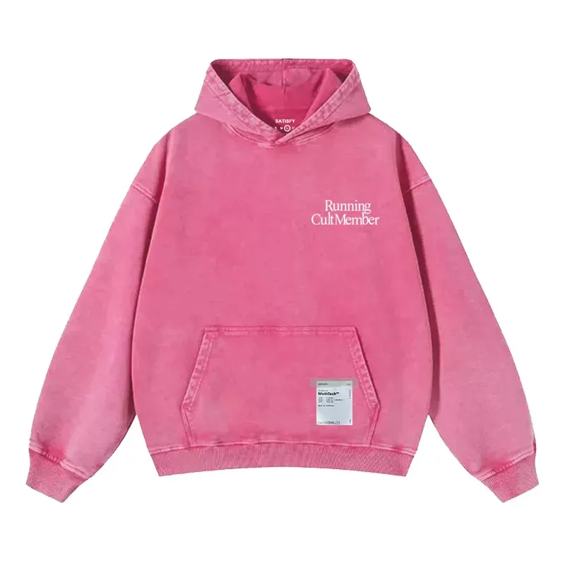 Elf-Adhesive SATISFY Flocking Print Hoodie Sweatshirt Jacket Street Style Loose Fit Long Sleeve for Young Men And Women
