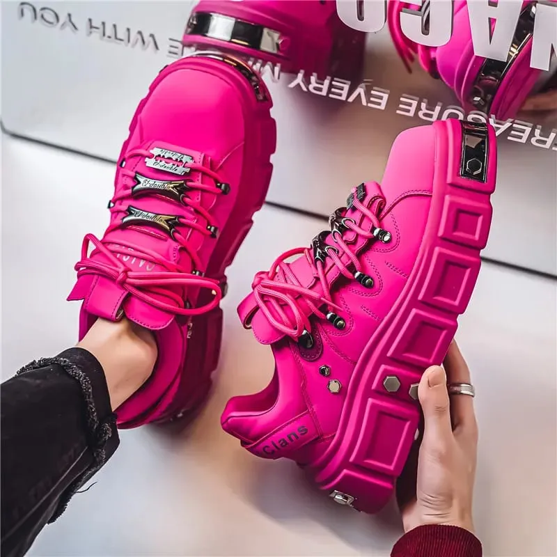 Shoes for Men Metal Punk Platform Sneakers Fashion Designer Brand Thick Soled Board Shoes Clunky Leather Shoes Zapatos De Hombre
