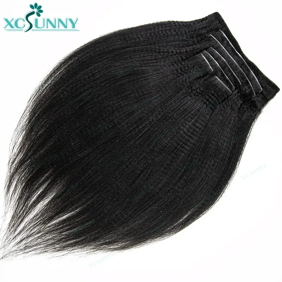 Clip de borde invisible en extensiones de cabello humano Yaki, cinta de PU recta inyectada, Clip de trama en extensiones de cabello, 7 unids/set, Clip en el cabello