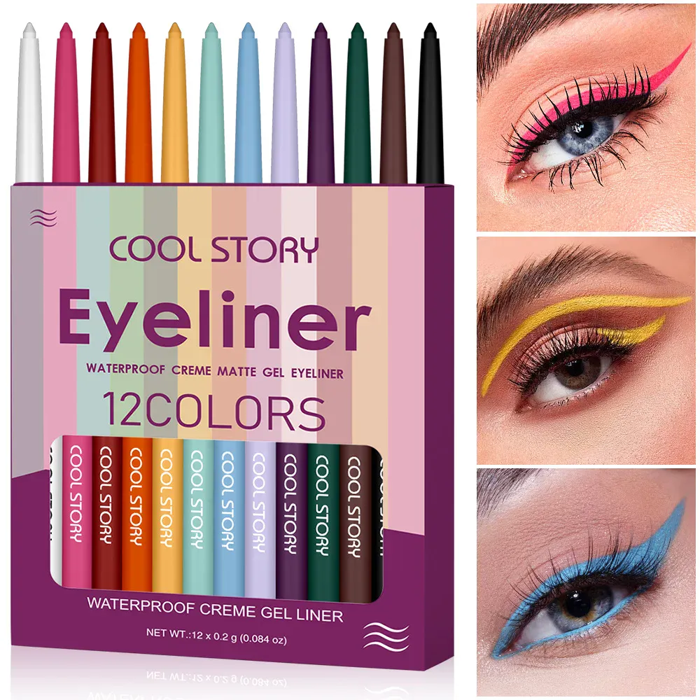 12 Color Waterproof Eyeliner Set Matte Creamy Pencil Long Lasting Smudge Proof for Sensitive Eyes Daily Makeup Professional Kit