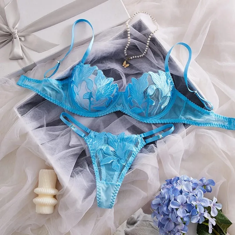 Women's Lingerie Sweety Lace Embroidery Underwear Set Blue Pure Desire Adult Underwear Fancy Transparent Intimate Lingerie Set