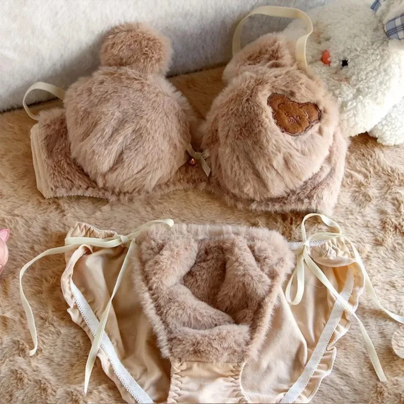 Fashion Women Lingerie Set No Steel Ring Cartoon Bear Winter Bra & Brief Sets Soft Women Lingerie Women