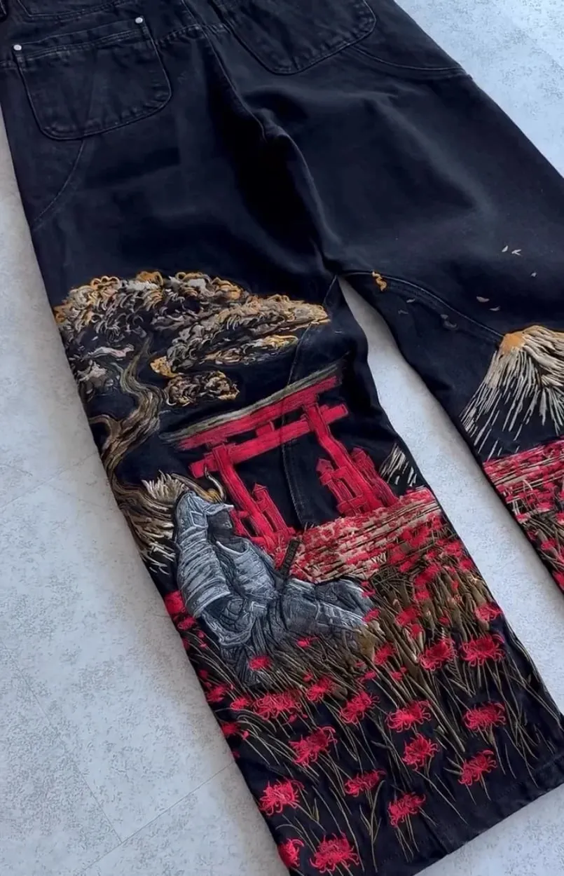 Samurai Embroidery Men Jeans Y2K Retro Harajuku Street Hip Hop High Waist Straight Pants Unisex Wide Leg Loose Denim Pants