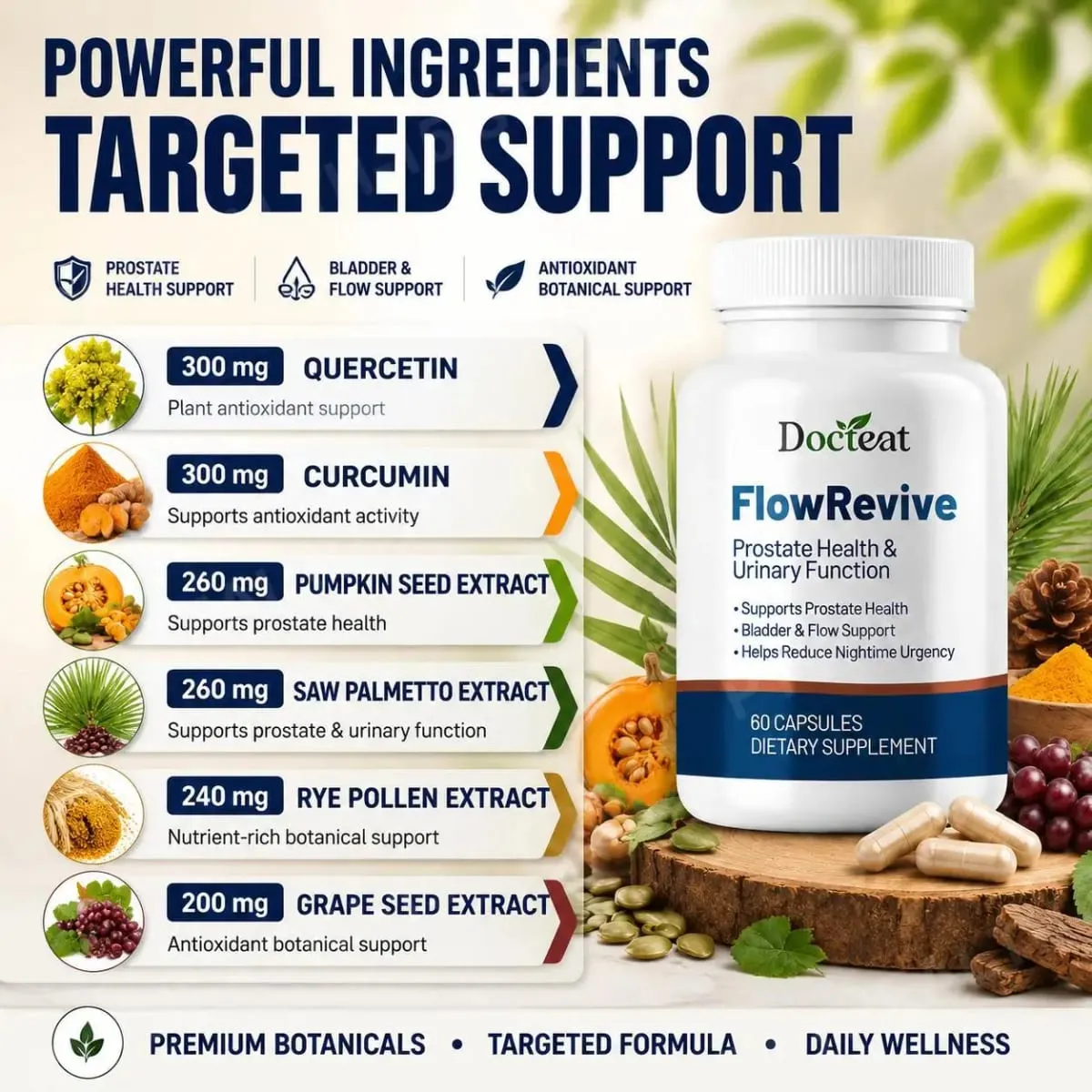 Docteat FlowRevive Prostate Health Capsules for Men with Quercetin Supports Normal Urinary Flow & Bladder Comfort 60 Capsules — image 4