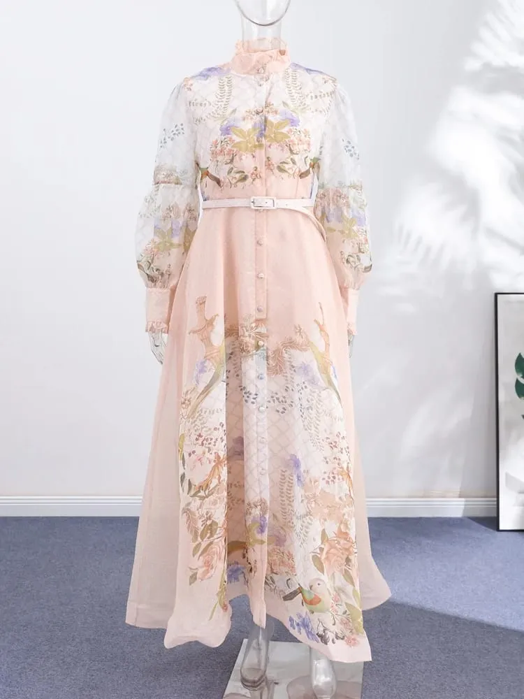 Elegant Printed Belted Maxi Dresses Women Slim Puff Sleeve Lace-up Stand Collar Dress 2026 New Ladies Summer Party Evening Grown