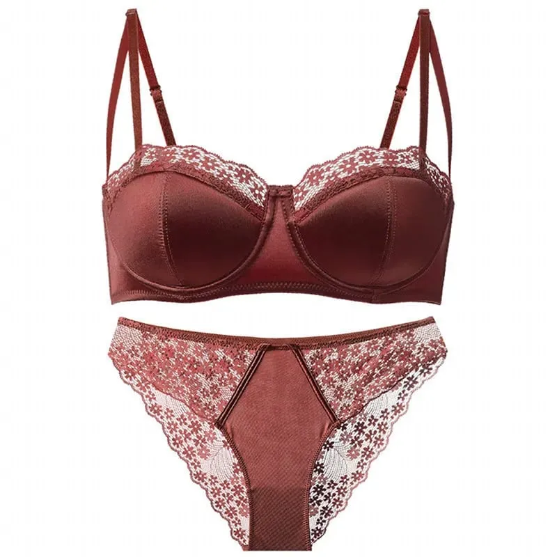 Hot Trend New Sexy Sheer French Lace Demi Cup Minimizer Push Up No Gap Underwire Thin Bra Set Anti-Sagging Side Coverage Women