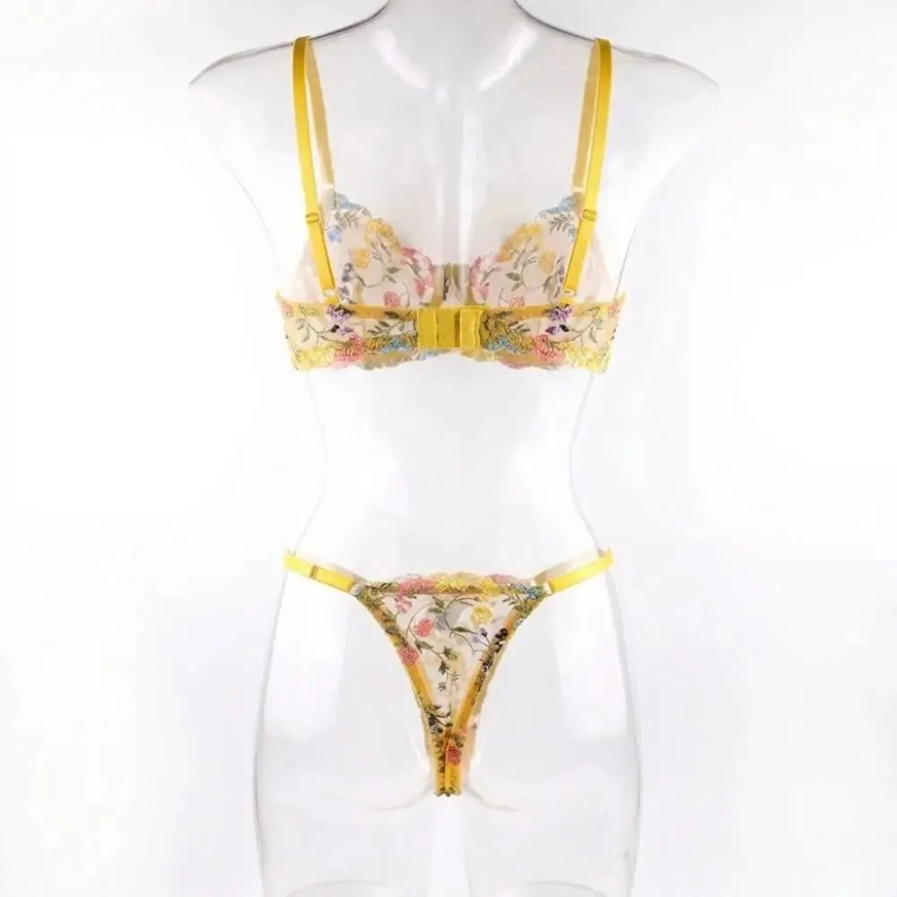 2-Piece Floral Lingerie Set Sheer Embroidery Underwear Intimates Versatile Underwire Push-up Bra Panty Set For Lady Girl