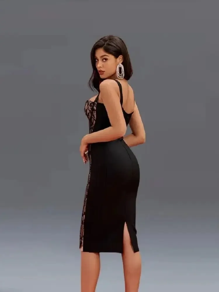 Sexy Vintage Quality Black White Lace Bandage Evening Dress Women Summer Party Bustier Split Ladies Vestido Sexy Dress