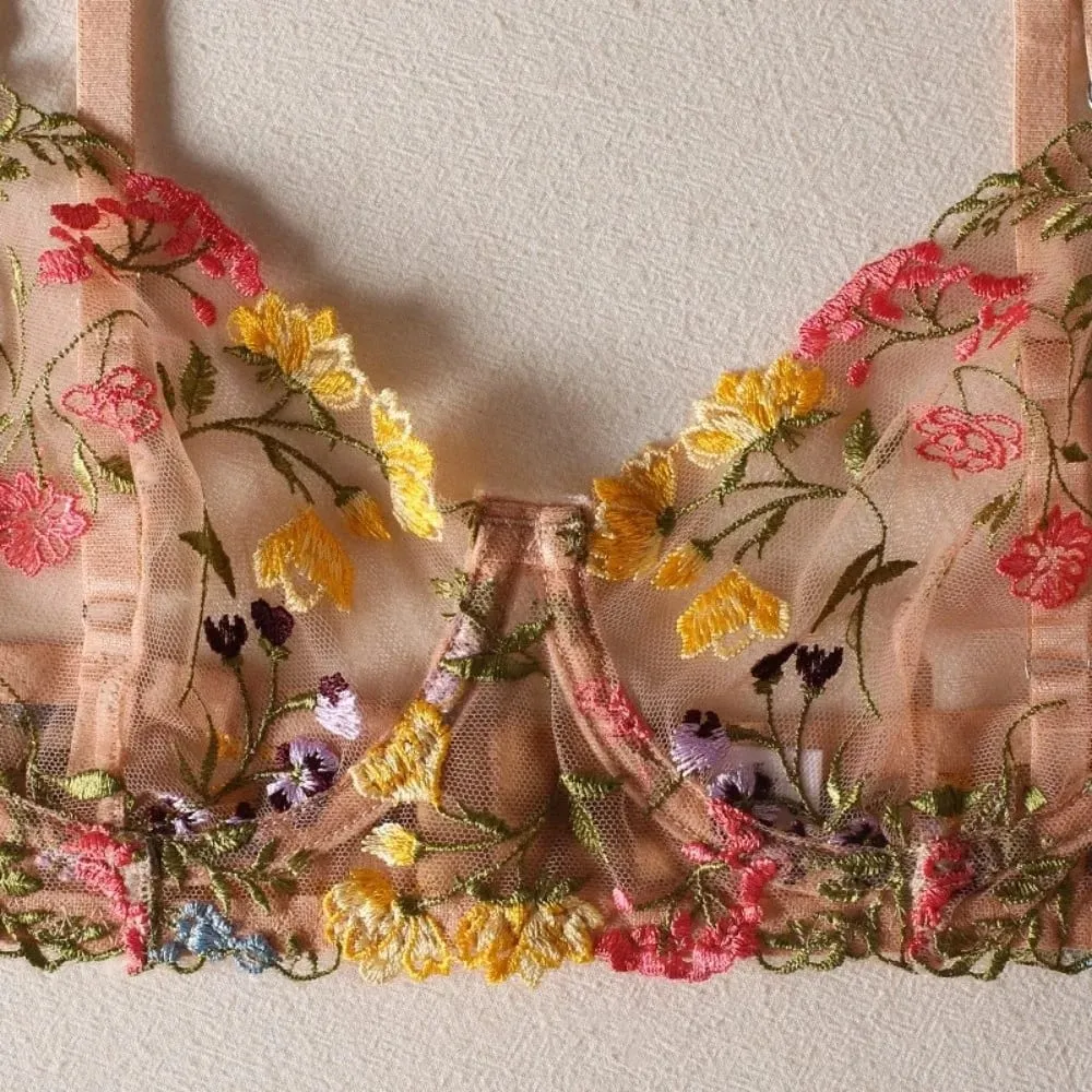 Versatile Transparent Lingerie Set Ultra-thin Push Up Embroidery Floral Underwear Elegant Panties Bra Set Girl