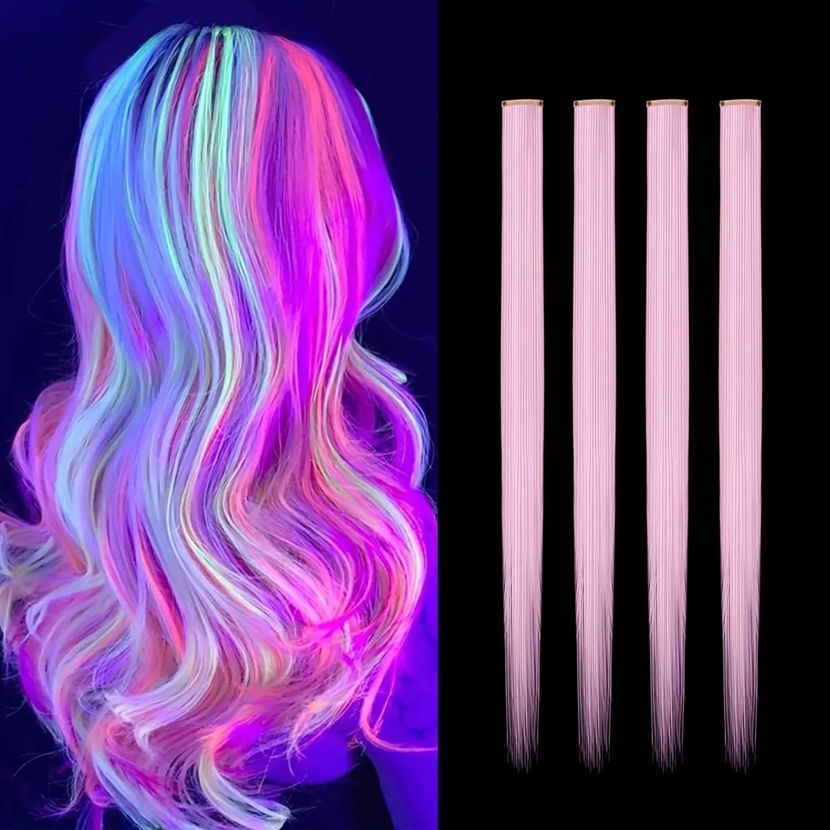4-Pieces Synthetic Hair Extensions with Luminous Fluorescent Glow for Women - Clip-In Smooth & Soft Easy to Wear for Parties