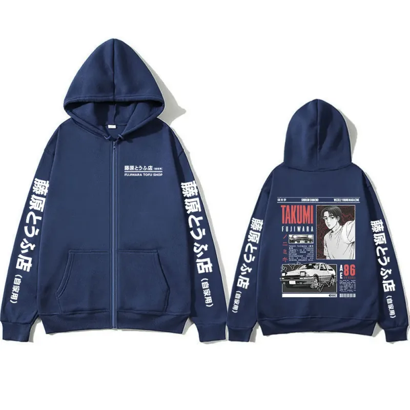 Anime Initial D Drift AE86 Takumi Fujiwara Tofu Shop JDM Car Zipper Hoodies Men Women Long Sleeve Zip Up Sweatshirts Jacket Coat