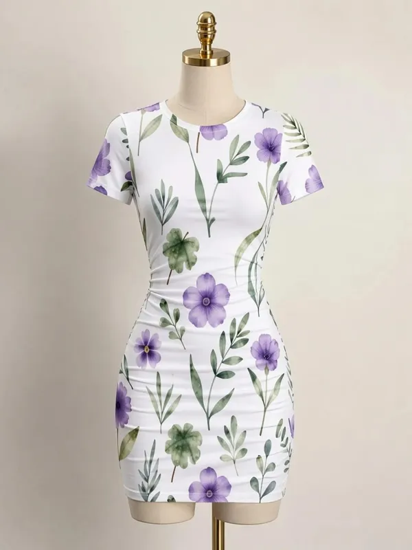 여자 짧은 소매 Bodycon 미니 드레스 슬림 피트 크루 넥 꽃 프린트 캐주얼 여름 파티 귀여운 달콤한 슬리밍 휴가 Sundress