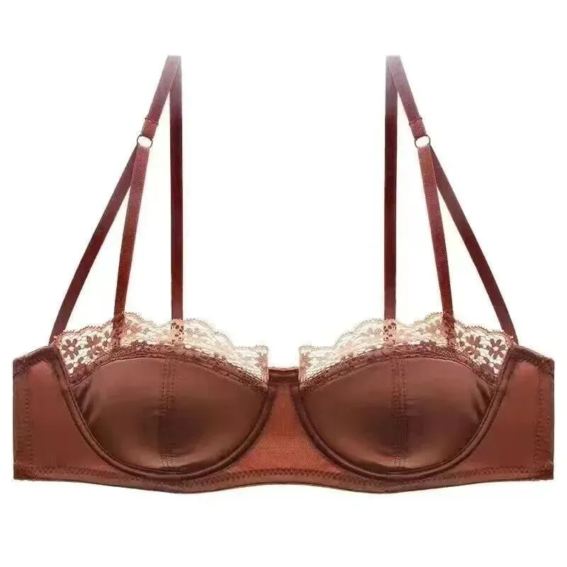 Sexy Satin Half Cup Bra Set with Steel Ring Thin Comfortable Upper Support Green Lace Edge Glossy Lingerie for Women