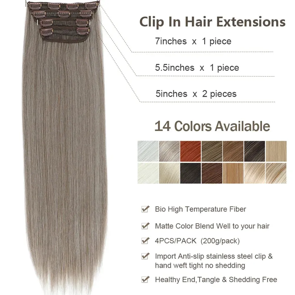 Synthetic 24 Inches Clip in Hair Extensions 4Pcs 200g Brown Grey Piano Blonde Orange Brown Straight Heat Resistant Hairpiece