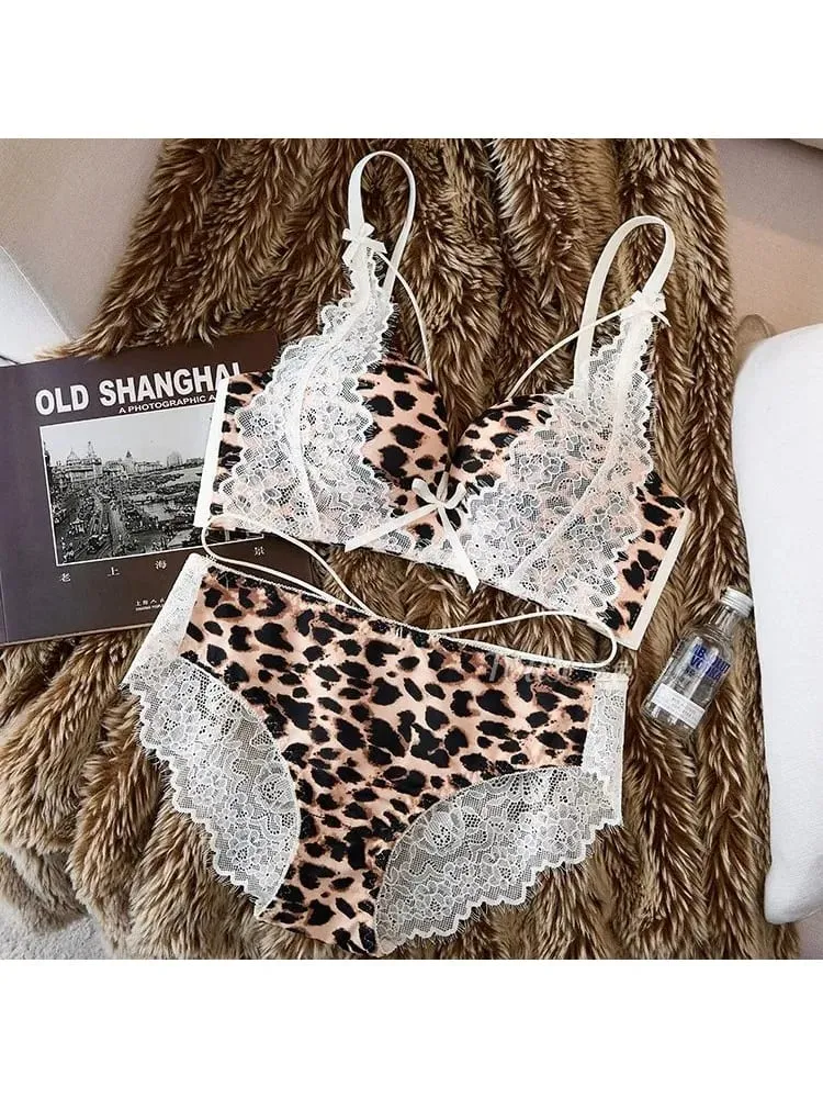 Ensemble de Lingerie Sexy en dentelle imprimé léopard pour femmes, sous-vêtements Push-Up sans fil, soutien latéral anti-affaissement, 32 à 38AB, tendance