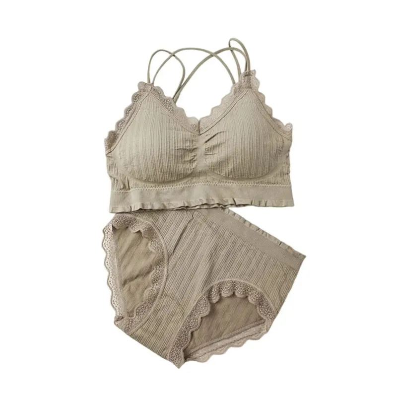 1Set Set Bra Lace Wanita Kasual Lace dengan Pad Bra Set Pakaian Dalam Leher V Pakaian Dalam Sukan Selesa Bernafas