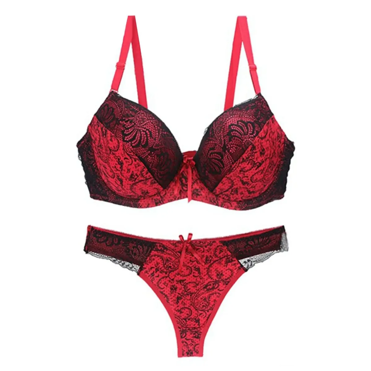 Women Color Block Floral Lace Print Bra Briefs Set Push Up Adjustable Support Sexy Thong Panties Daily Women Lingerie Set