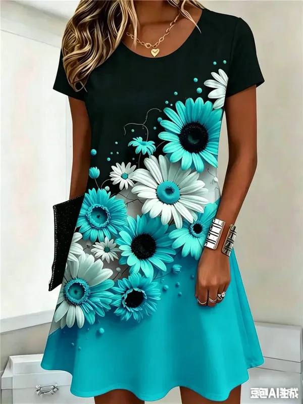 Fashion Street Floral Pattern Women Mini Dresses Summer Short Sleeve 3D Flower Printed Ladies Dress O-Neck Loose Casaul Dress