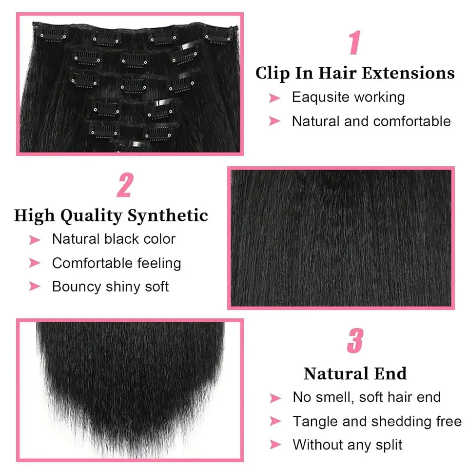 Yaki Straight Clip In Hair Extensions Synthetic Hairpiece For Women 7 Pcs Long Kinky Straight Soft Thick Hair Extensions