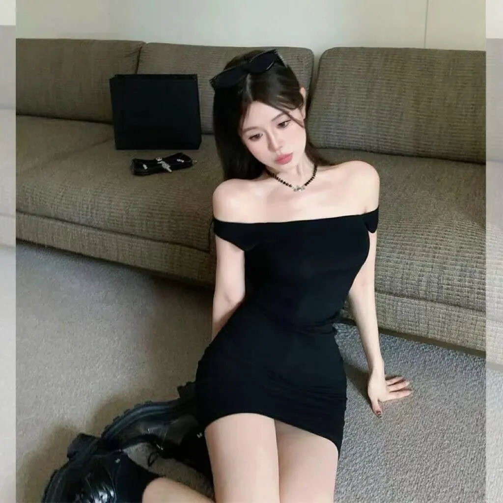 Svart Sexig Off Shoulder Klänning För Kvinnor Spicy Girl Smal midja Bodycon Kort pennkjol Eleganta klubbfestklänningar