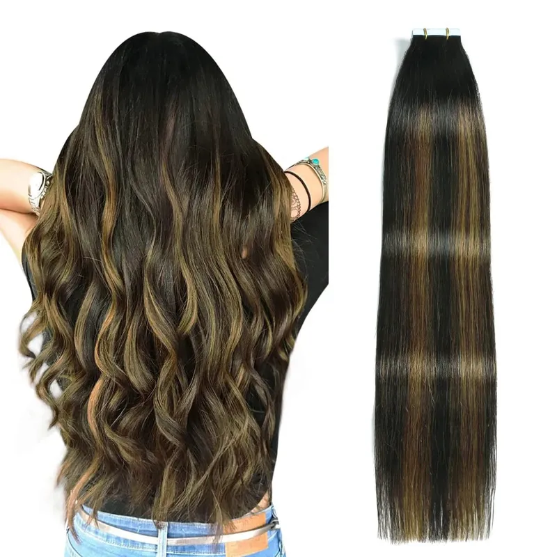 Red Color 20Pcs Tape-In Hair Extensions 100% Remy Human Hair Straight Highlight Color for Women Add Hair Length And Volume 50g