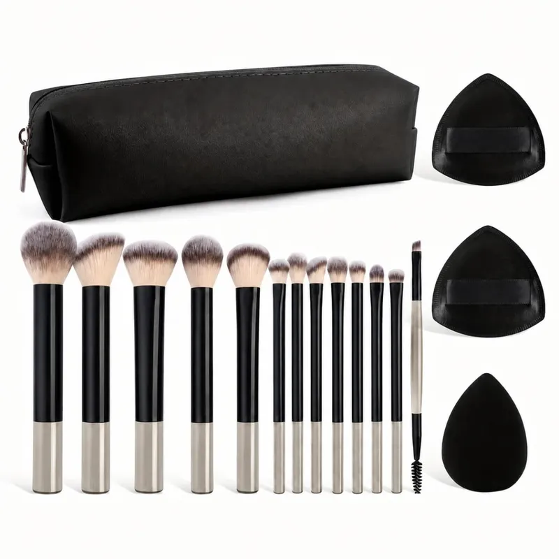 17PCS Professional Makeup Kit Including 13 Aluminum Brushes Carry Bag & 3 Sponge Puffs Powder Eyeshadow Blush and Detail Too