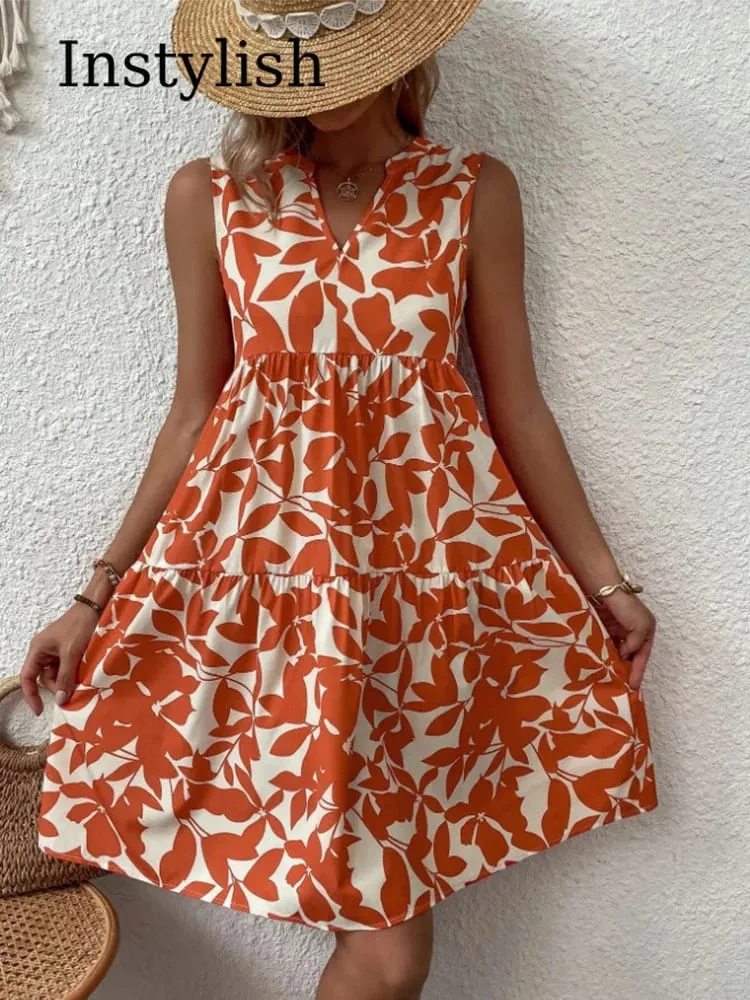 Gaun Mini Gambar Boho Wanita Gaun Tank A Line Ruffle Leher V Tanpa Lengan Elegan Musim Panas Gaun Sundress Pesta Pantai Ukuran Besar Longgar Kasual